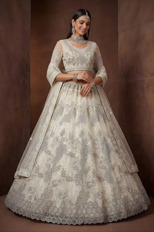 Elegant Off White Embroidered Sequins Net Lehenga Choli with Dupatta for Women