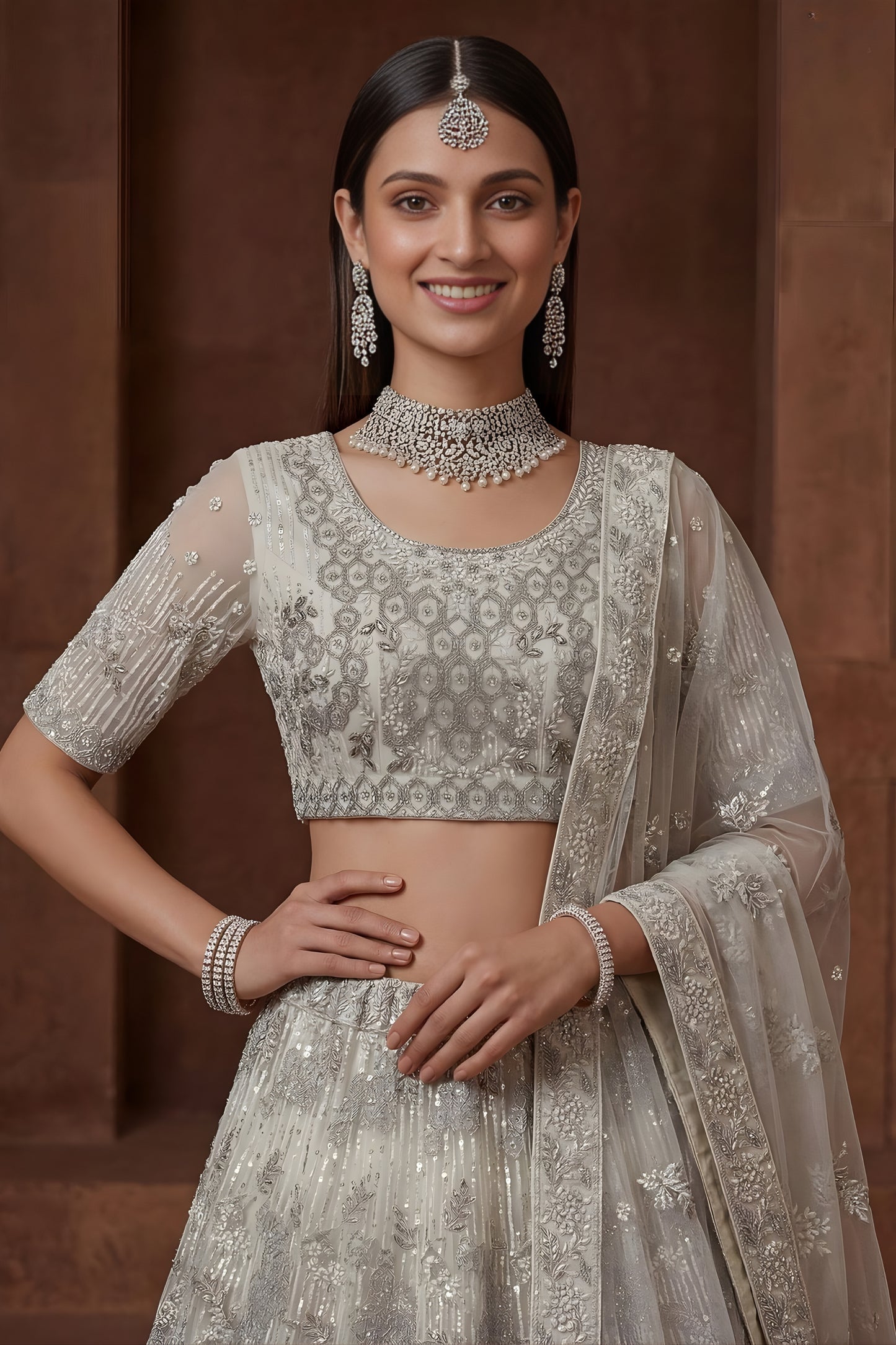 Elegant Off White Embroidered Sequins Net Lehenga Choli with Dupatta for Women