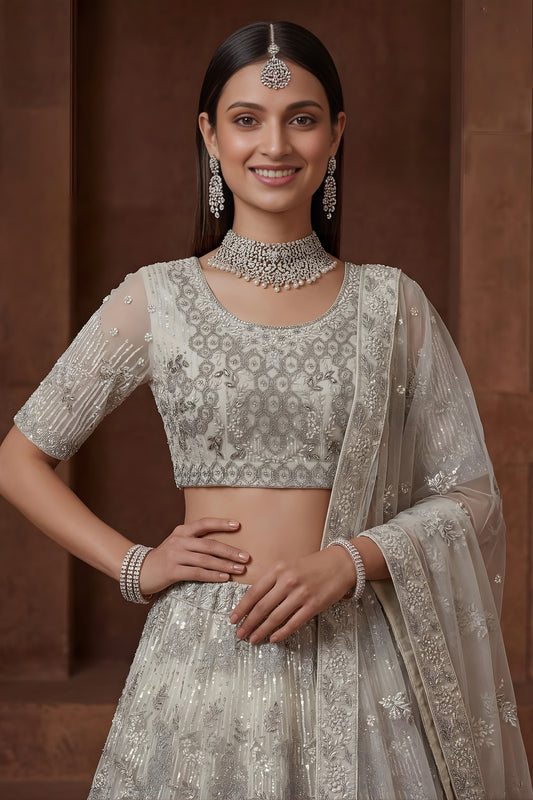 Elegant Off White Embroidered Sequins Net Lehenga Choli with Dupatta for Women