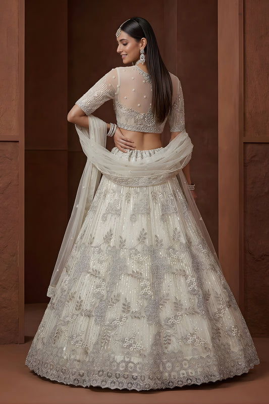 Elegant Off White Embroidered Sequins Net Lehenga Choli with Dupatta for Women