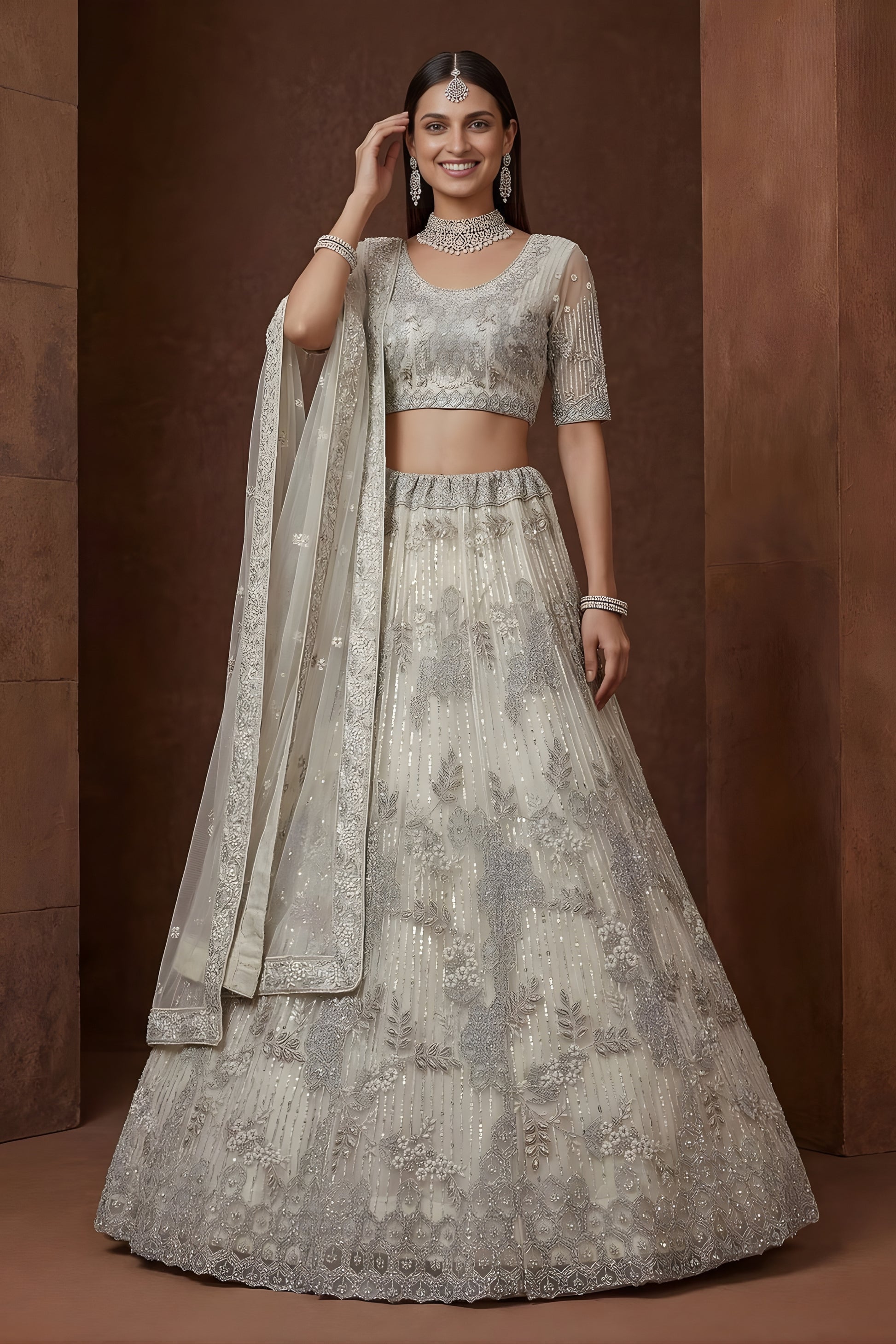Elegant Off White Embroidered Sequins Net Lehenga Choli with Dupatta for Women