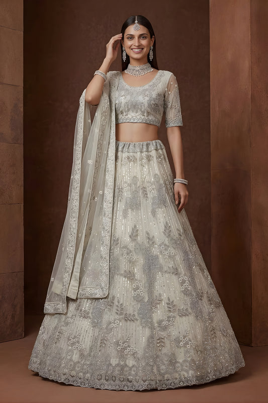 Elegant Off White Embroidered Sequins Net Lehenga Choli with Dupatta for Women
