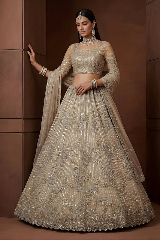Superb Beige Embroidered Sequins Net Lehenga Choli with Dupatta for Women
