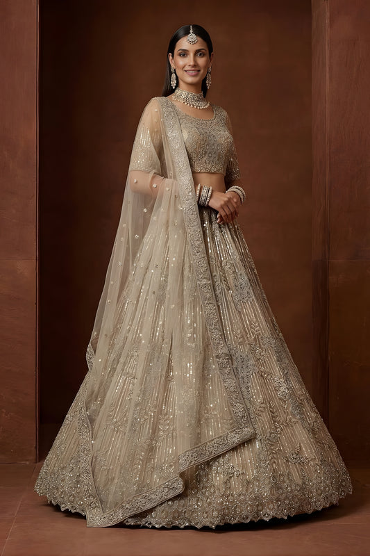 Superb Beige Embroidered Sequins Net Lehenga Choli with Dupatta for Women