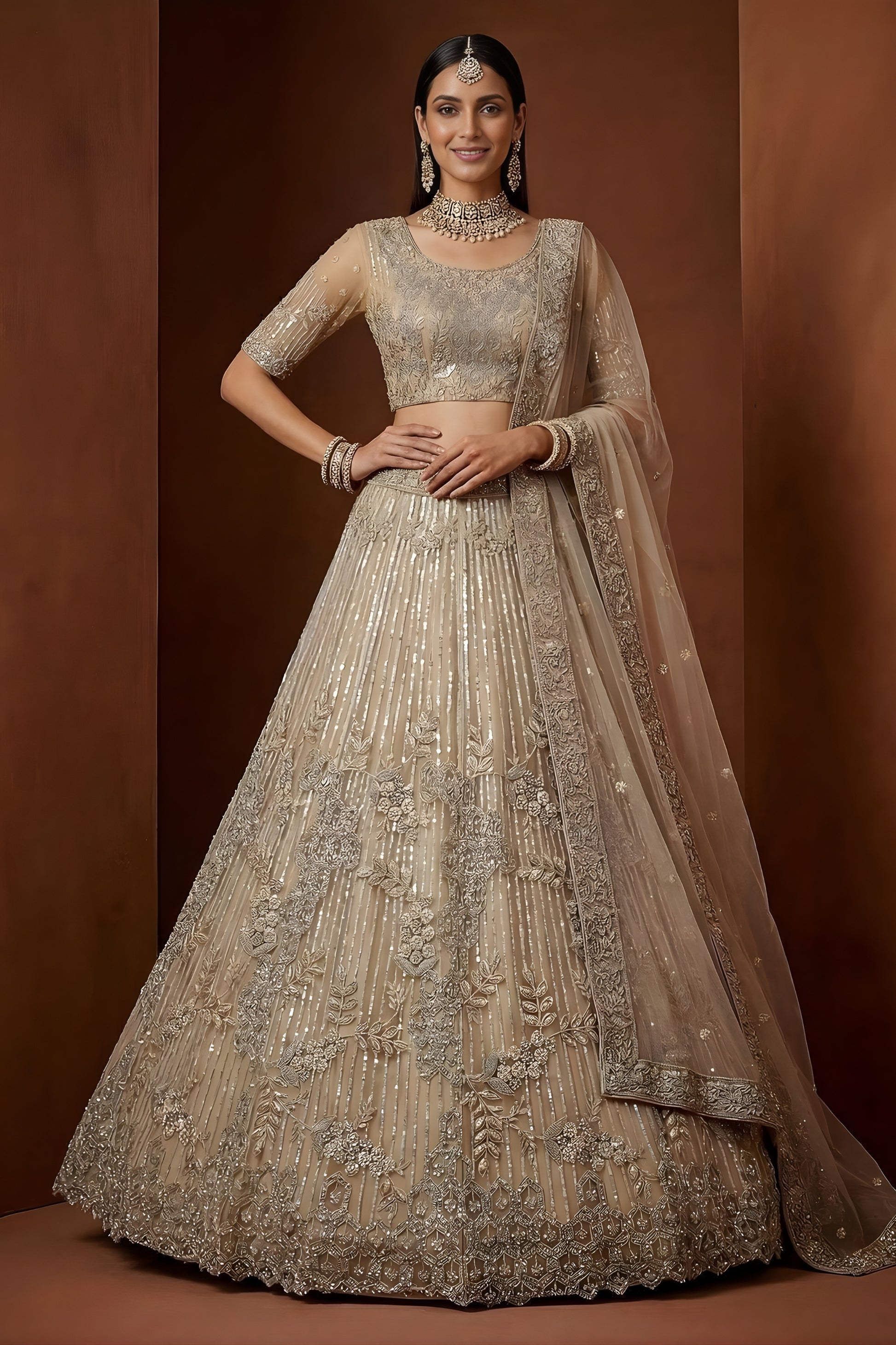 Superb Beige Embroidered Sequins Net Lehenga Choli with Dupatta for Women