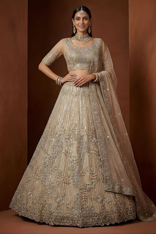Superb Beige Embroidered Sequins Net Lehenga Choli with Dupatta for Women