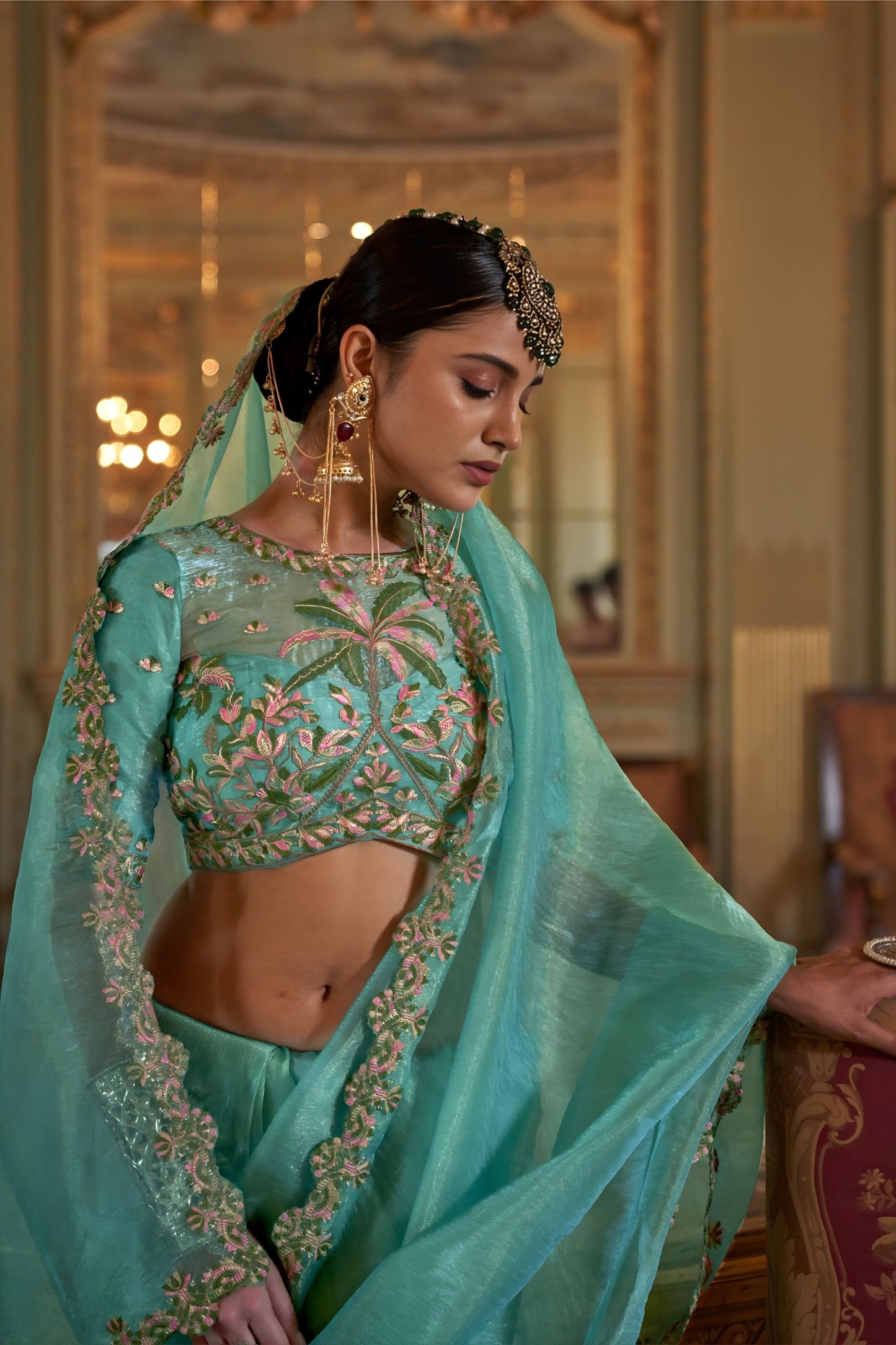 Sea Green Organza Saree with Floral Embroidered Border Designer Blouse