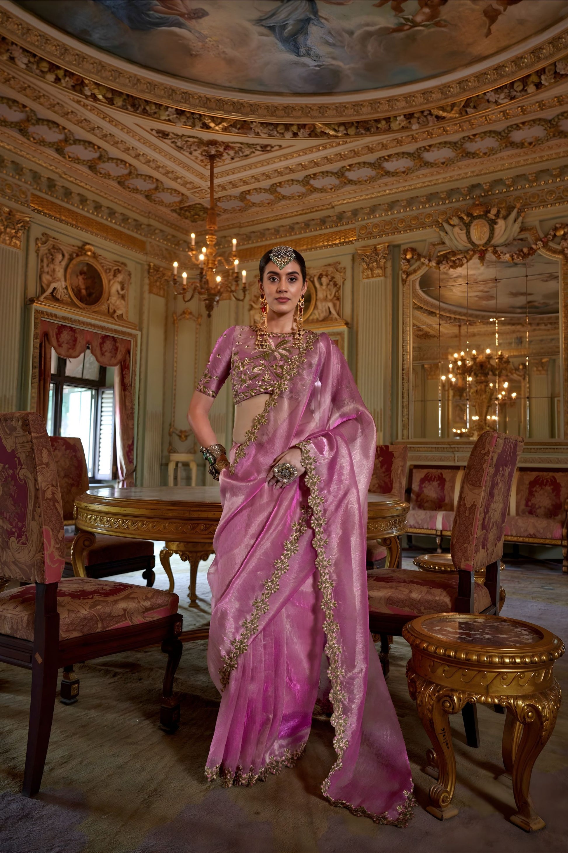  Pink Organza Saree with Zari Embroidered Border Designer Blouse