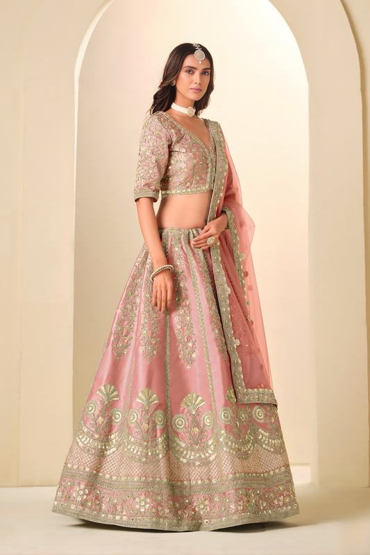 Elegant Blush Pink Embroidered Art Silk Lehenga Choli with Dupatta for Wedding