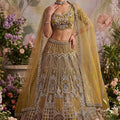 Luxury Mustard Gold Net Embroidered Bridal Lehenga Choli with Designer Dupatta for Wedding Wear
