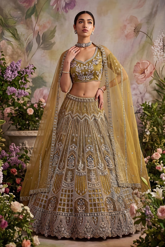 Luxury Mustard Gold Net Embroidered Bridal Lehenga Choli with Designer Dupatta for Wedding Wear