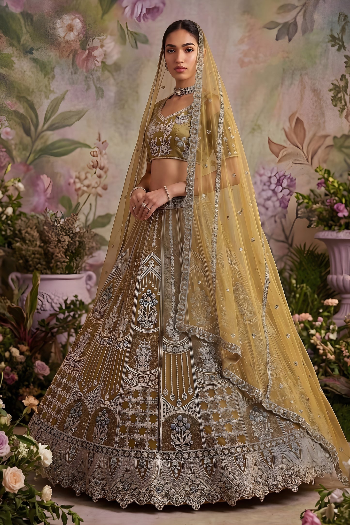 Luxury Mustard Gold Net Embroidered Bridal Lehenga Choli with Designer Dupatta for Wedding Wear