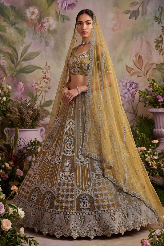 Luxury Mustard Gold Net Embroidered Bridal Lehenga Choli with Designer Dupatta for Wedding Wear