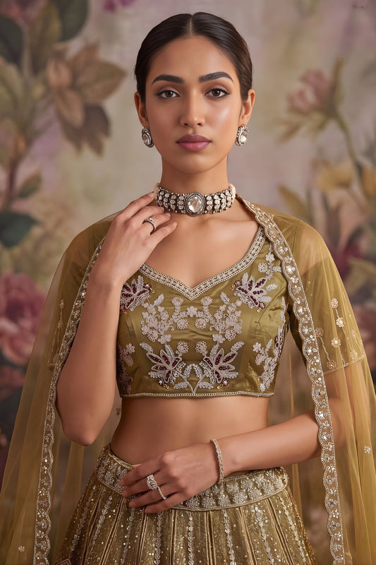 Luxury Mustard Gold Net Embroidered Bridal Lehenga Choli with Designer Dupatta for Wedding Wear