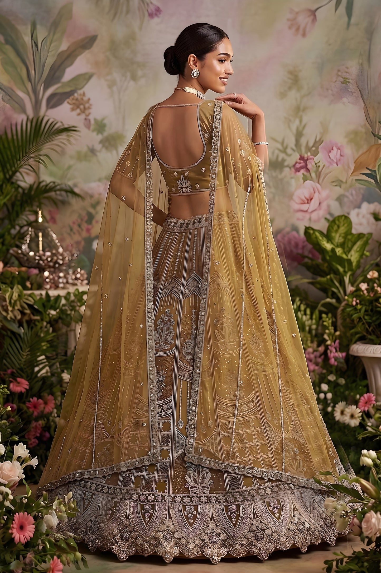 Luxury Mustard Gold Net Embroidered Bridal Lehenga Choli with Designer Dupatta for Wedding Wear