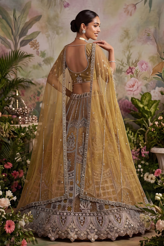 Luxury Mustard Gold Net Embroidered Bridal Lehenga Choli with Designer Dupatta for Wedding Wear