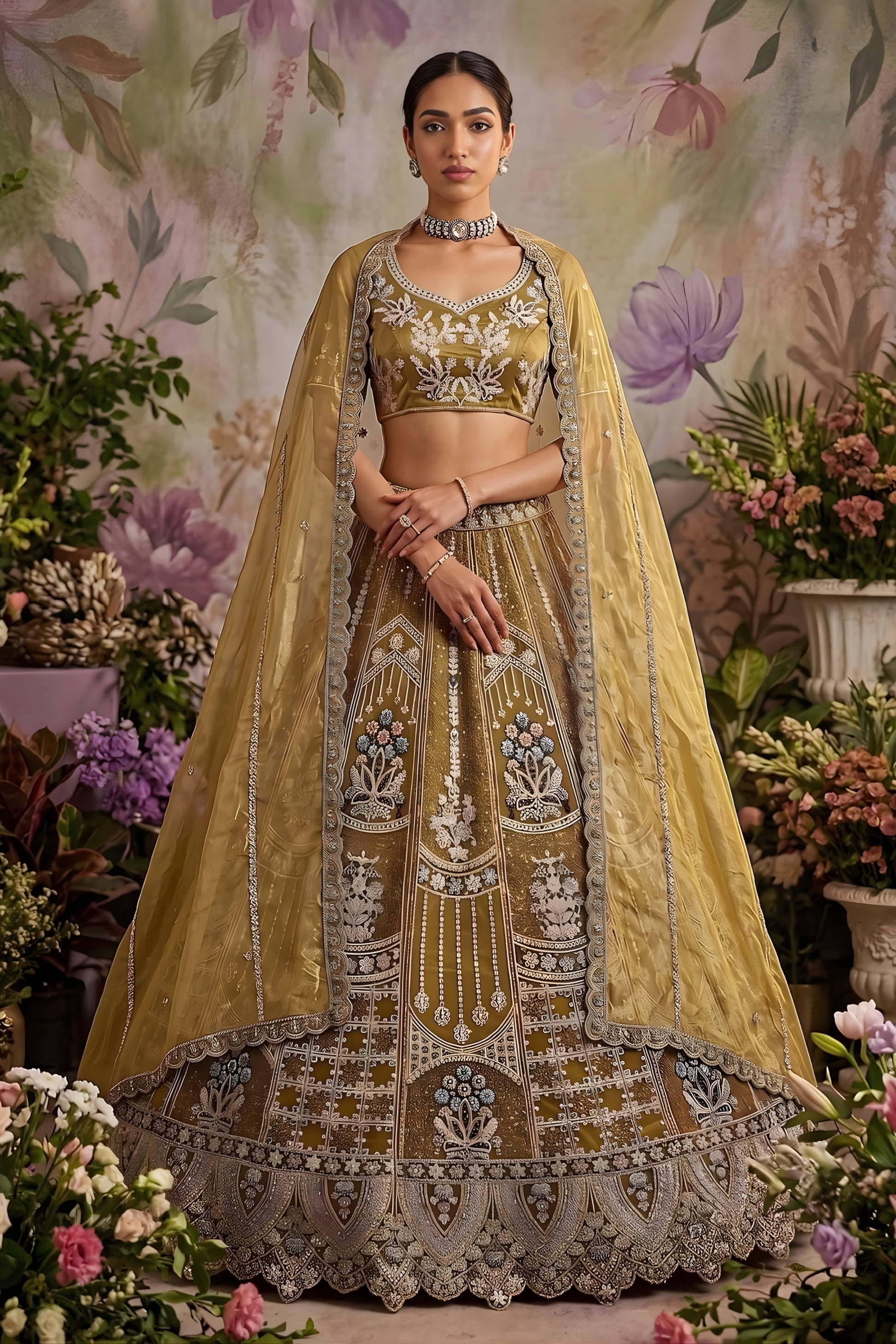 Luxury Mustard Gold Net Embroidered Bridal Lehenga Choli with Designer Dupatta for Wedding Wear