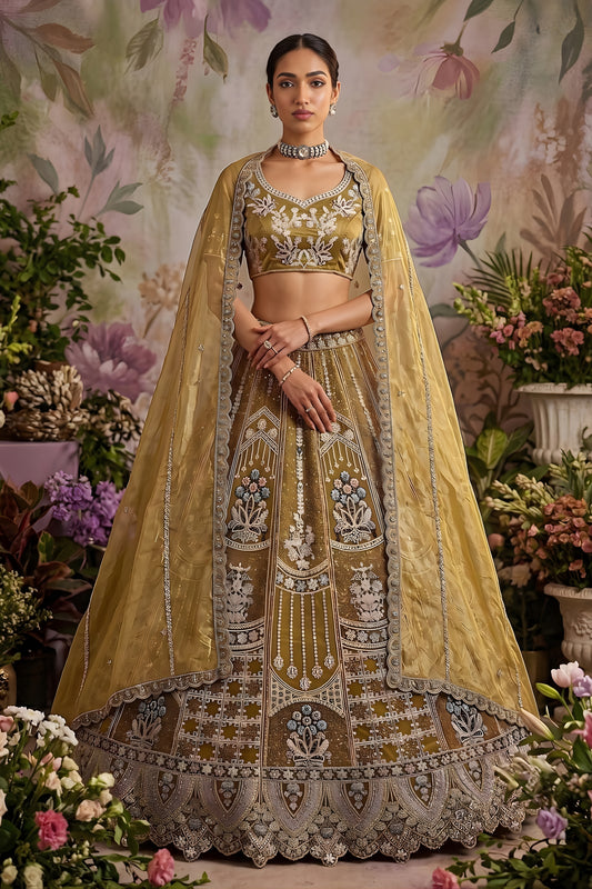 Luxury Mustard Gold Net Embroidered Bridal Lehenga Choli with Designer Dupatta for Wedding Wear