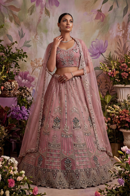 Lovely Pink Net Embroidered Bridal Lehenga Choli with Designer Dupatta for Wedding Wear