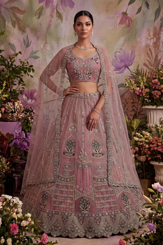 Lovely Pink Net Embroidered Bridal Lehenga Choli with Designer Dupatta for Wedding Wear