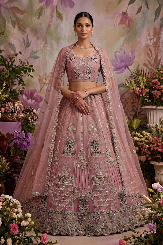 Lovely Pink Net Embroidered Bridal Lehenga Choli with Designer Dupatta for Wedding Wear