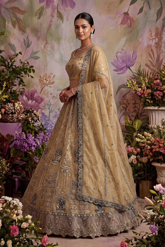 Stylish Beige Net Embroidered Bridal Lehenga Choli with Designer Dupatta for Wedding Wear