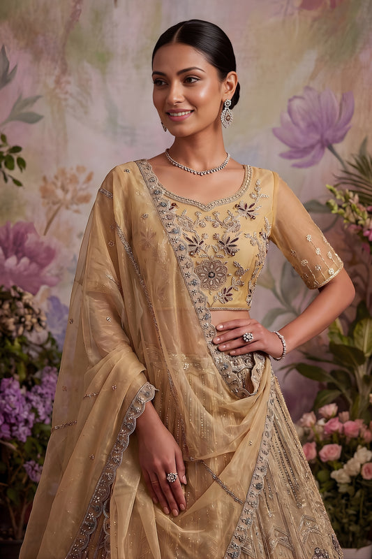 Stylish Beige Net Embroidered Bridal Lehenga Choli with Designer Dupatta for Wedding Wear