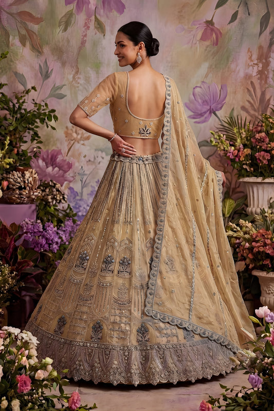 Stylish Beige Net Embroidered Bridal Lehenga Choli with Designer Dupatta for Wedding Wear