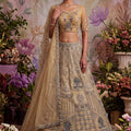 Stylish Beige Net Embroidered Bridal Lehenga Choli with Designer Dupatta for Wedding Wear
