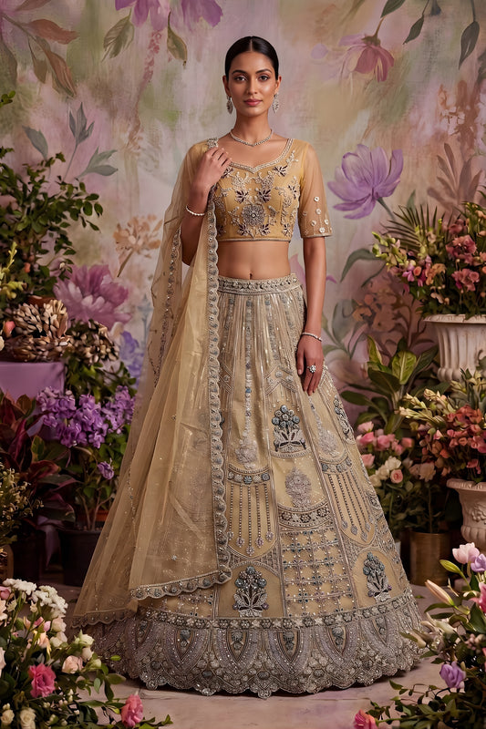 Stylish Beige Net Embroidered Bridal Lehenga Choli with Designer Dupatta for Wedding Wear