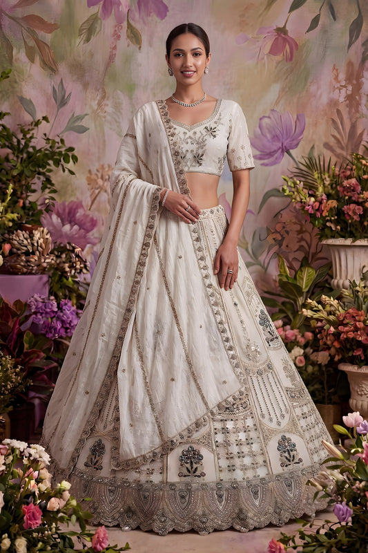 Traditional White Net Embroidered Bridal Lehenga Choli with Designer Dupatta for Wedding Wear