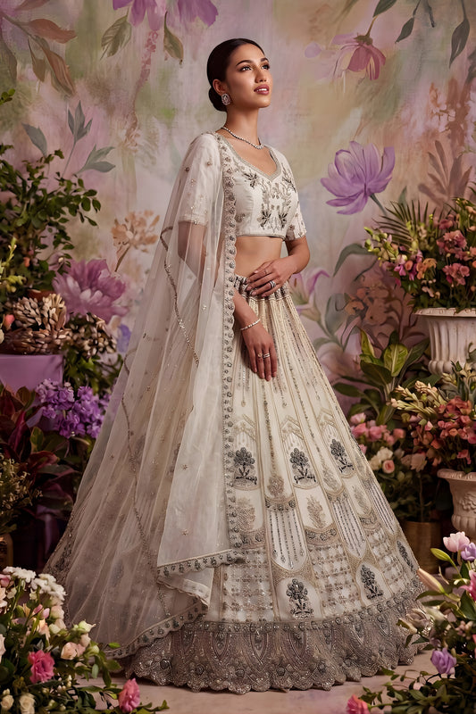 Traditional White Net Embroidered Bridal Lehenga Choli with Designer Dupatta for Wedding Wear