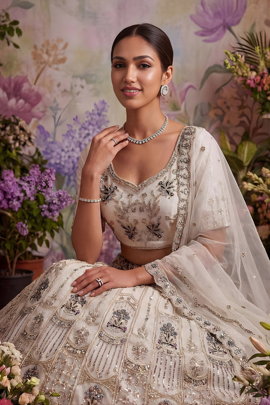 Traditional White Net Embroidered Bridal Lehenga Choli with Designer Dupatta for Wedding Wear
