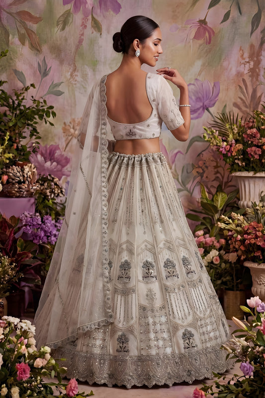 Traditional White Net Embroidered Bridal Lehenga Choli with Designer Dupatta for Wedding Wear