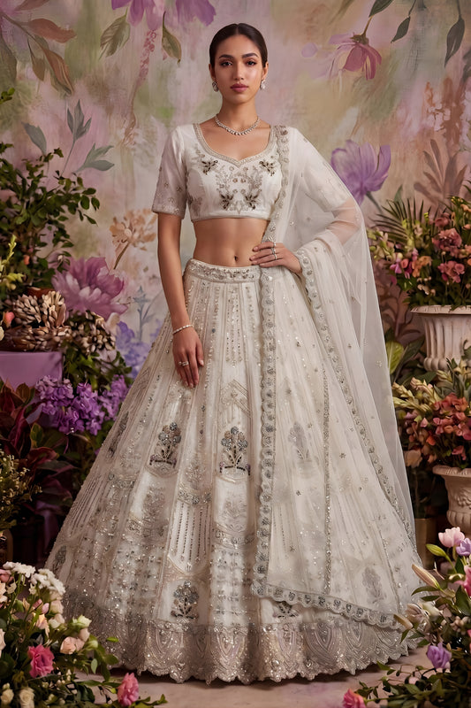 Traditional White Net Embroidered Bridal Lehenga Choli with Designer Dupatta for Wedding Wear