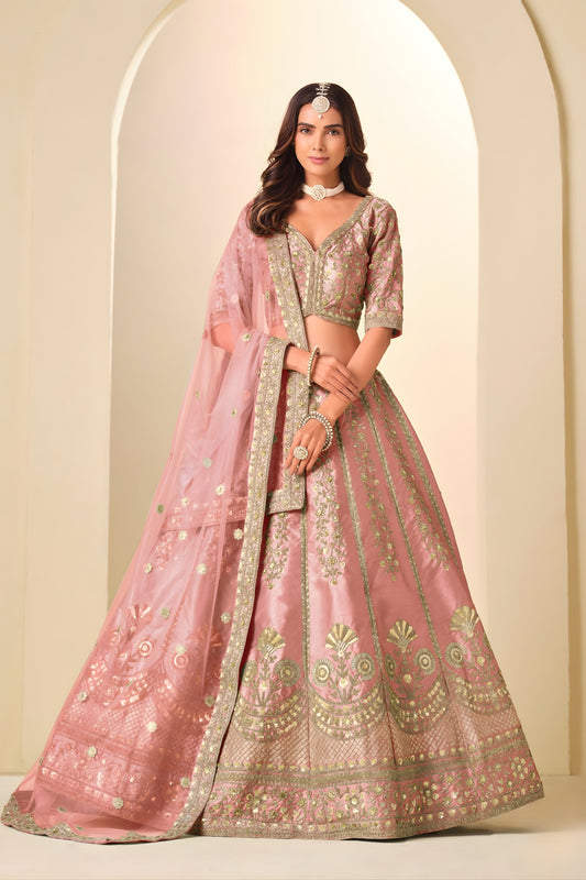 Elegant Blush Pink Embroidered Art Silk Lehenga Choli with Dupatta for Wedding