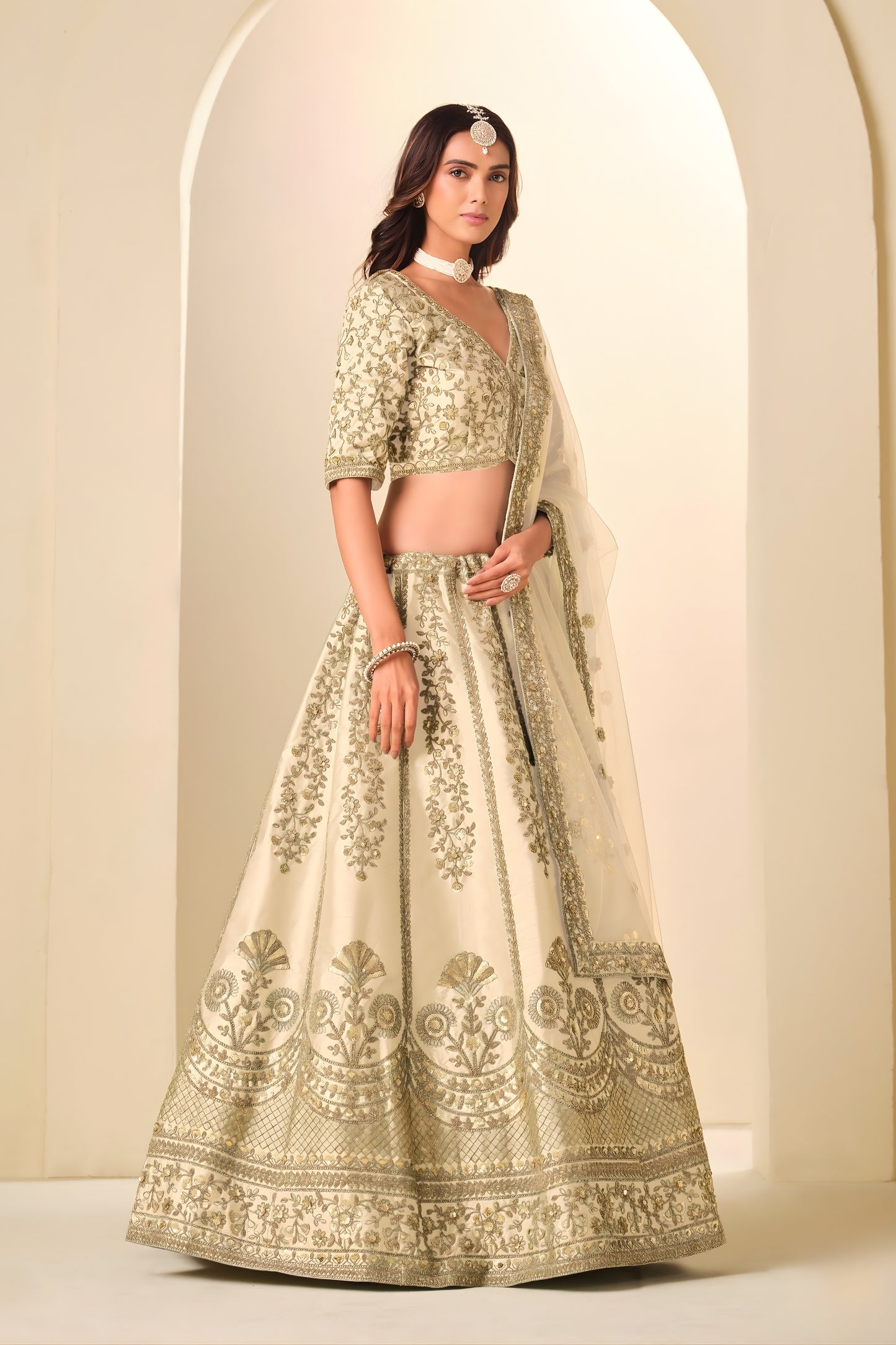 Stunning Beige Embroidered Art Silk Lehenga Choli with Dupatta for Wedding