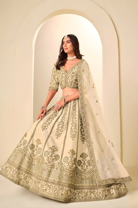 Stunning Beige Embroidered Art Silk Lehenga Choli with Dupatta for Wedding