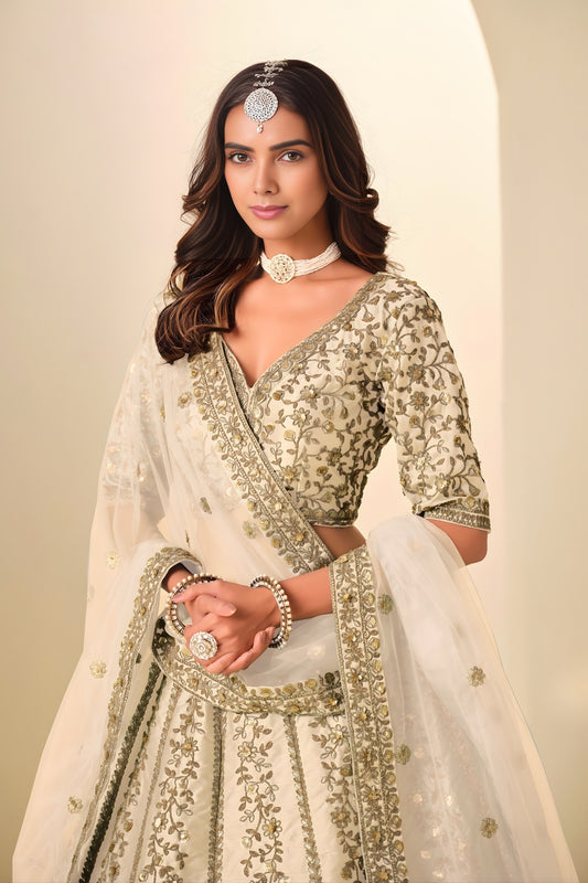 Stunning Beige Embroidered Art Silk Lehenga Choli with Dupatta for Wedding