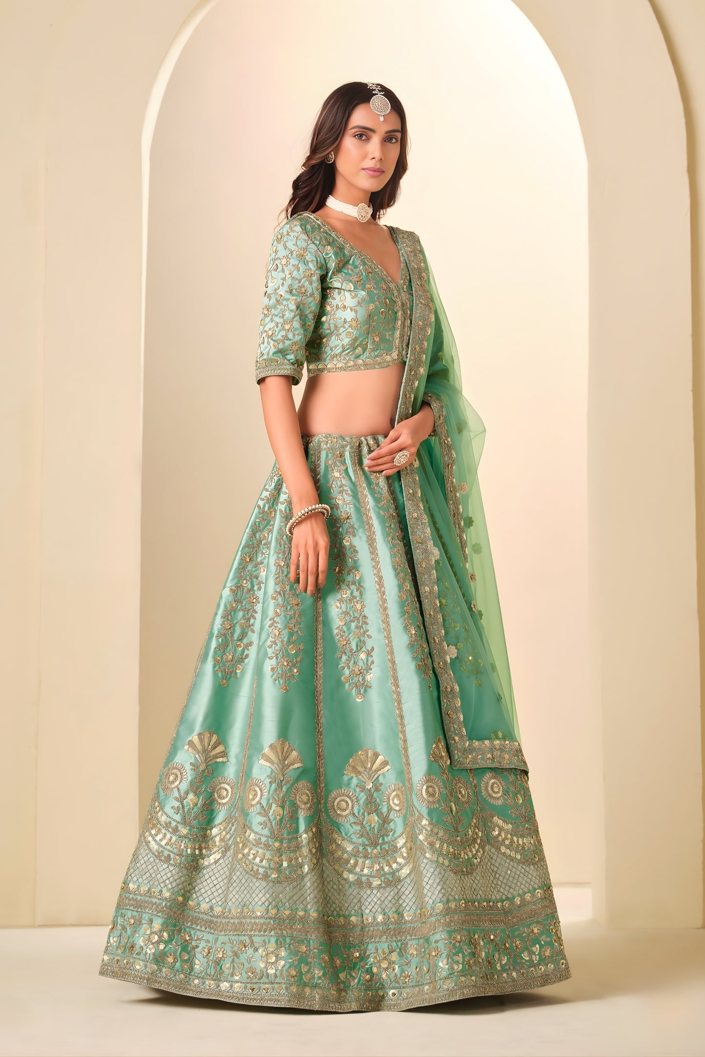 Graceful Sea Green Embroidered Art Silk Lehenga Choli with Dupatta for Wedding