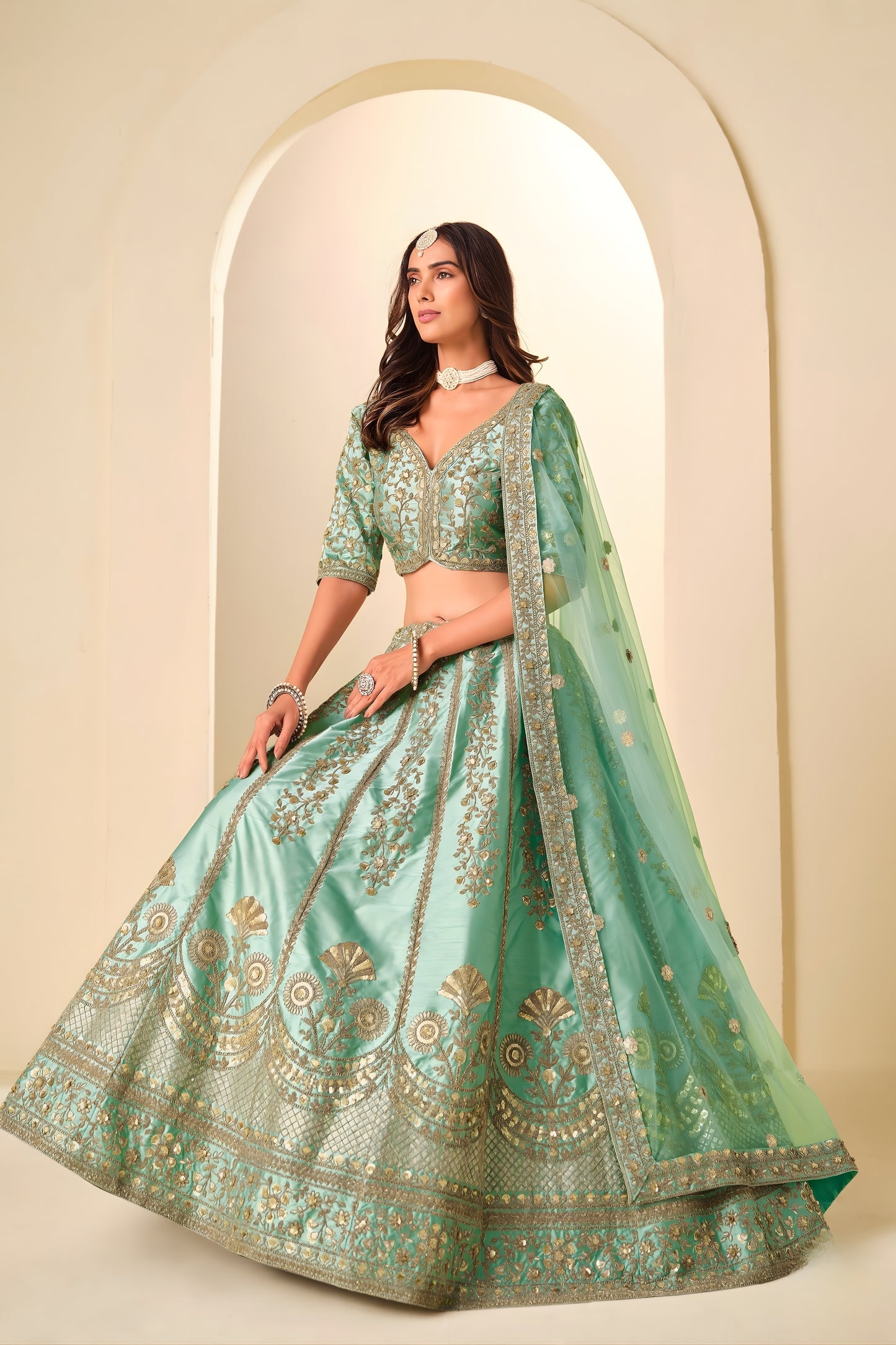 Graceful Sea Green Embroidered Art Silk Lehenga Choli with Dupatta for Wedding