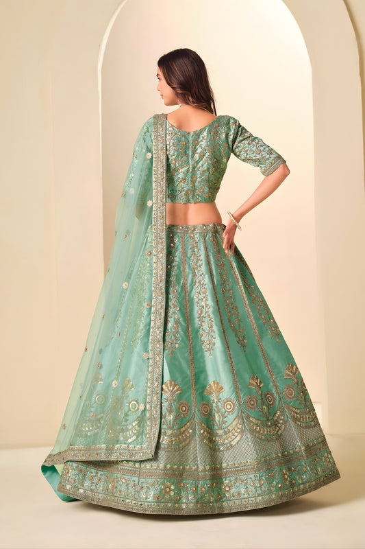 Graceful Sea Green Embroidered Art Silk Lehenga Choli with Dupatta for Wedding