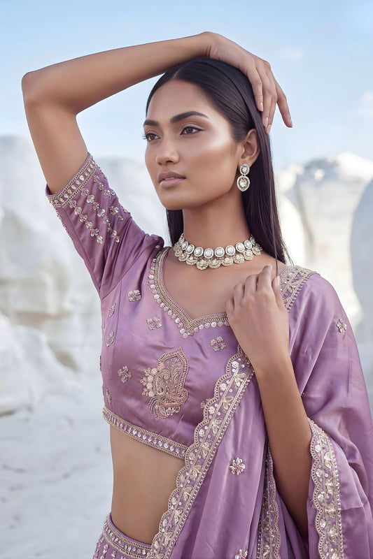 Elegant Cadbury Purple Silk Lehenga Choli Designer Dupatta for Wedding