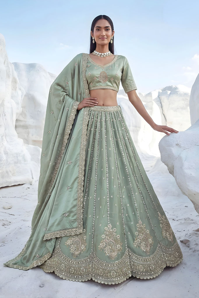 Elegant Sage Green Cadbury Silk Lehenga Choli Designer Dupatta