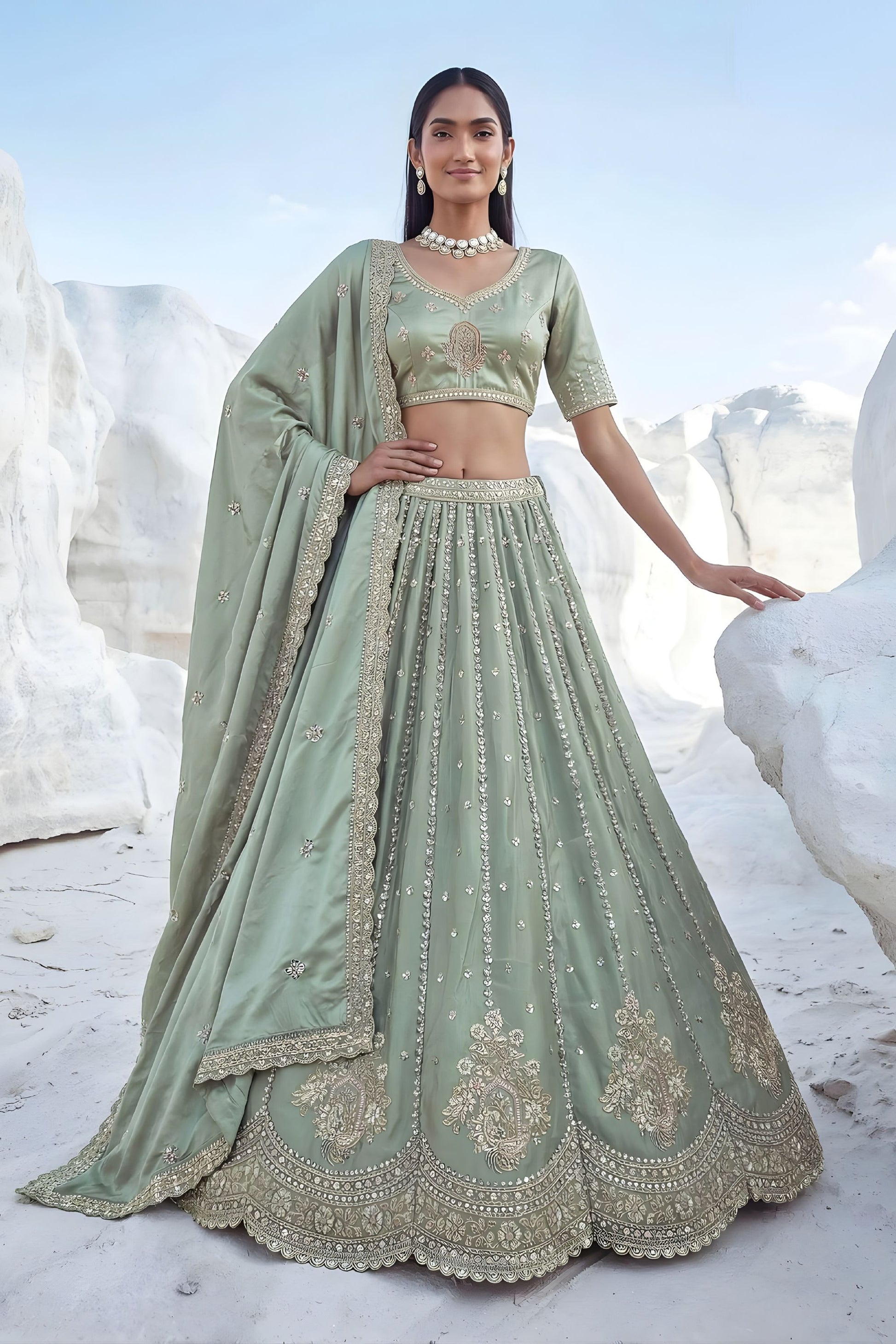 Elegant Sage Green Cadbury Silk Lehenga Choli Designer Dupatta
