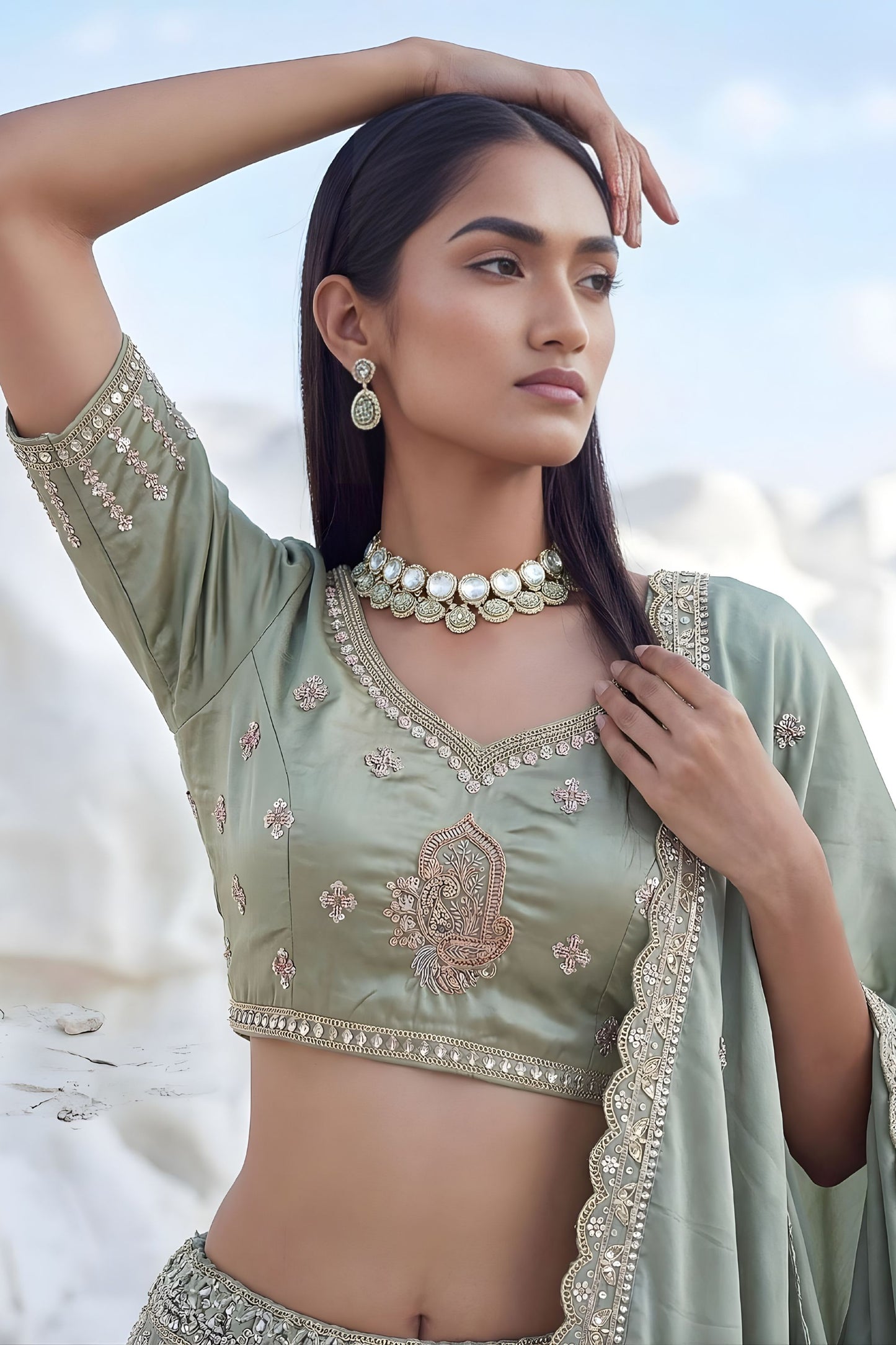 Elegant Sage Green Cadbury Silk Lehenga Choli Designer Dupatta