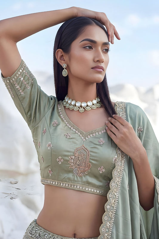 Elegant Sage Green Cadbury Silk Lehenga Choli Designer Dupatta
