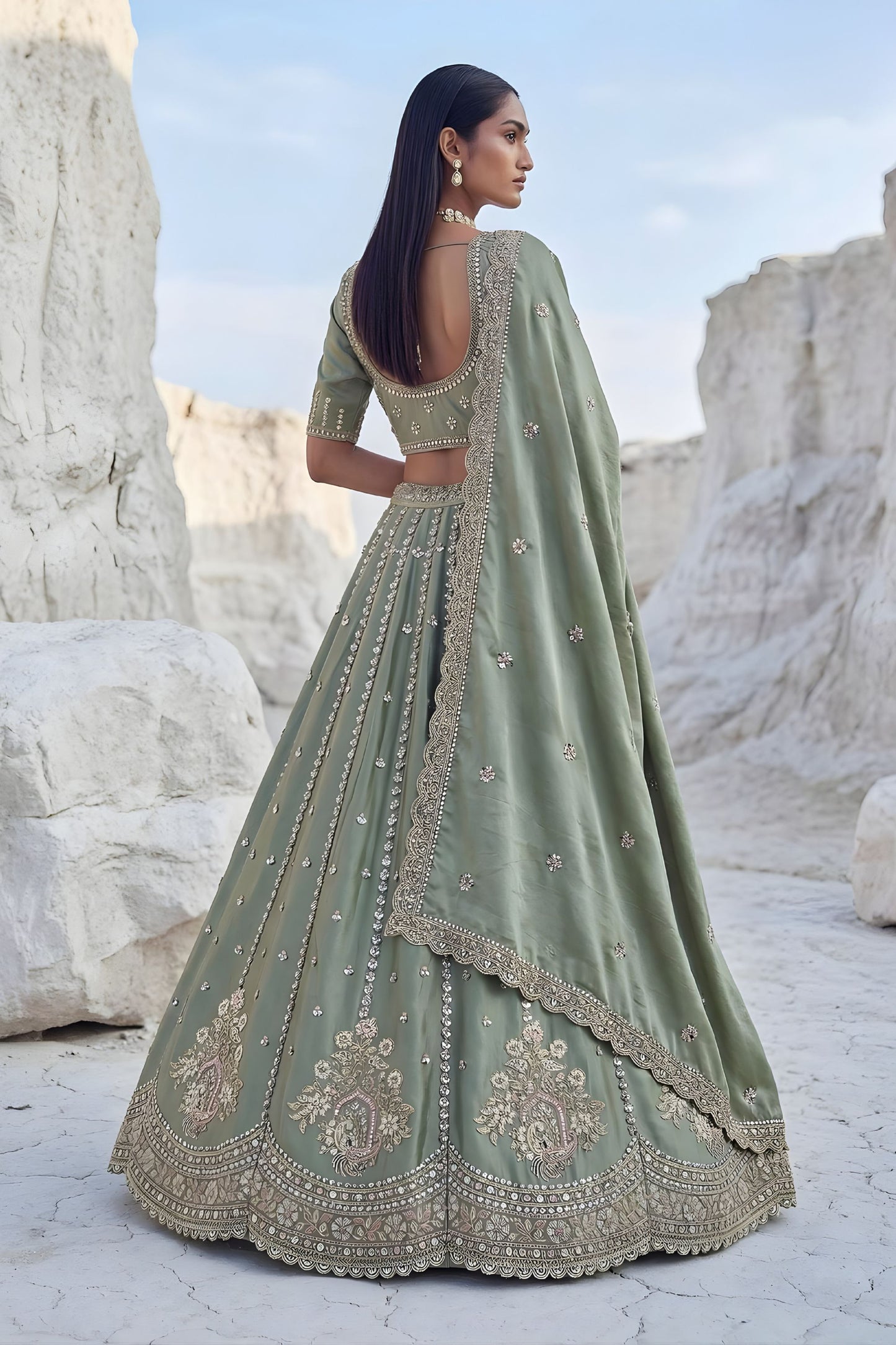 Elegant Sage Green Cadbury Silk Lehenga Choli Designer Dupatta