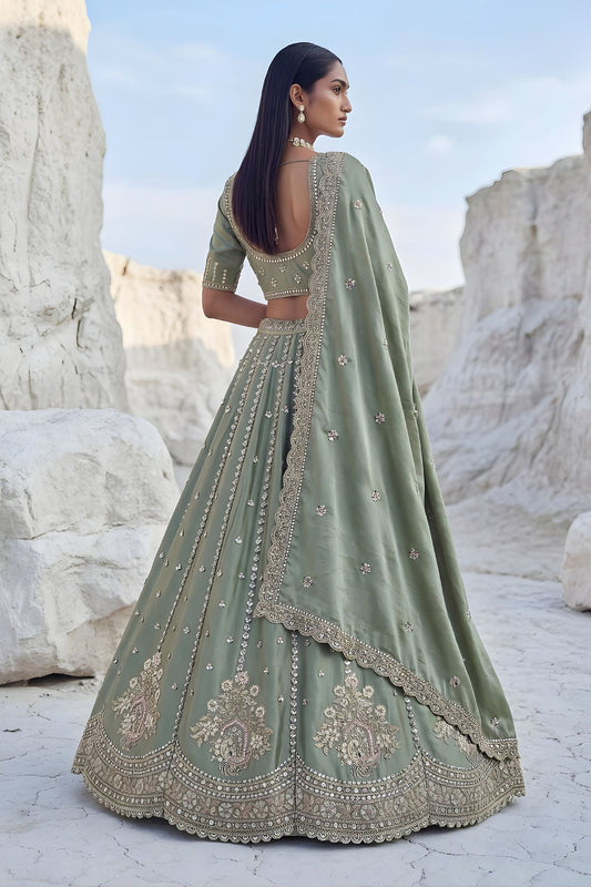 Elegant Sage Green Cadbury Silk Lehenga Choli Designer Dupatta