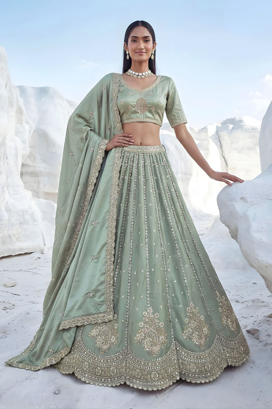 Elegant Sage Green Cadbury Silk Lehenga Choli Designer Dupatta